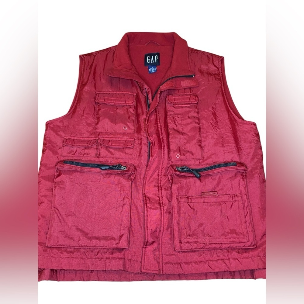 Gap Fleece Lined Utility Cargo Vest Men’s M Red Pockets 90s Winter Streetwear - Picture 2 of 5